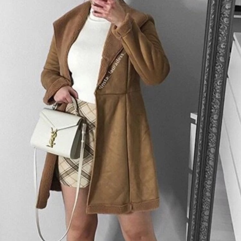 Camel Tan Sherpa Lined Vegan Suede Jacket Coat - Picture 1 of 8